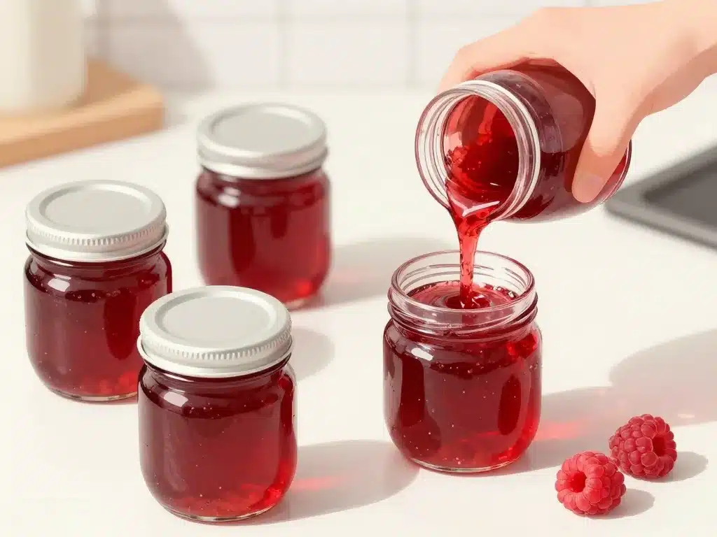 mise en pot et conservation gelée de framboises avec sucre cristallisé