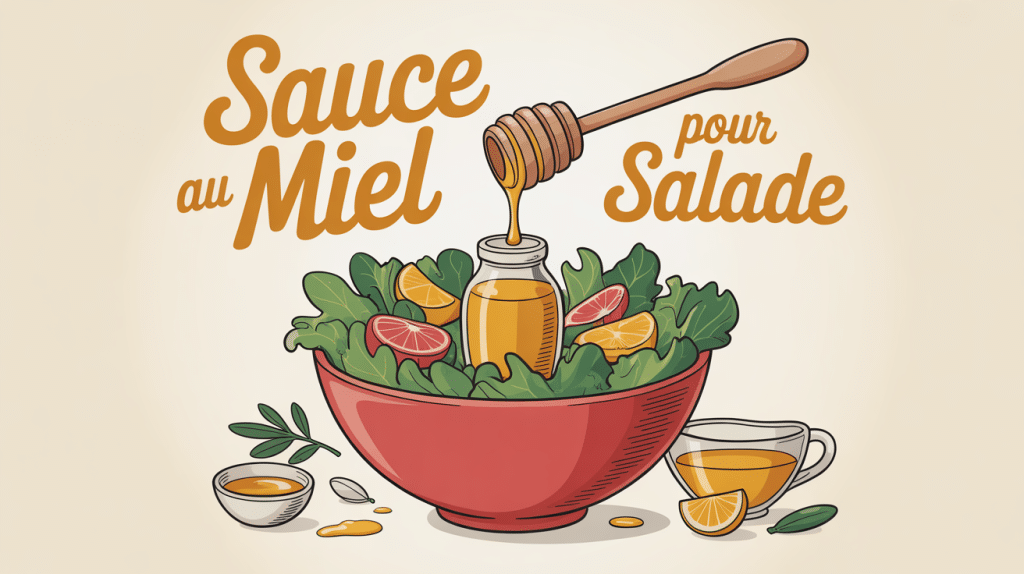 Sauce au miel pour salade visuel coloré avec saladier, miel et vinaigre