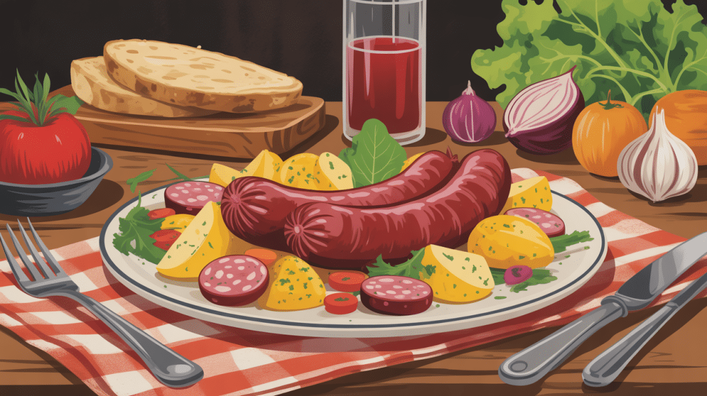 Assiette avec saucisse de Toulouse accompagnement pommes de terre et légumes