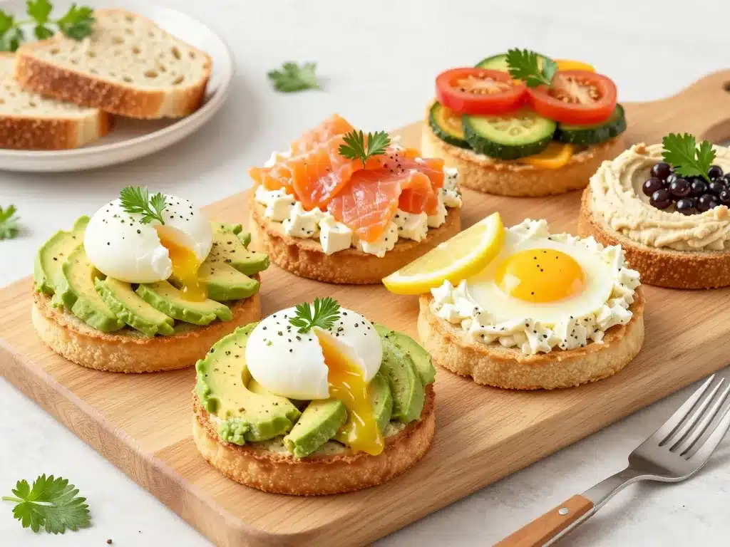 Tartine petit dejeuner salée avocat oeuf saumon houmous