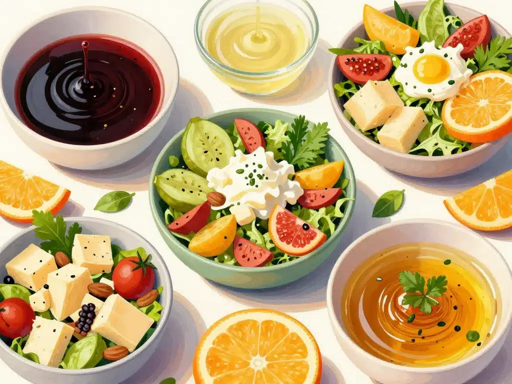 Variantes sauce au miel pour salade avec bols et ingrédients créatifs