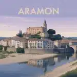 Illustration vectorielle du village d Aramon avec le Rhône et bâtiments historiques