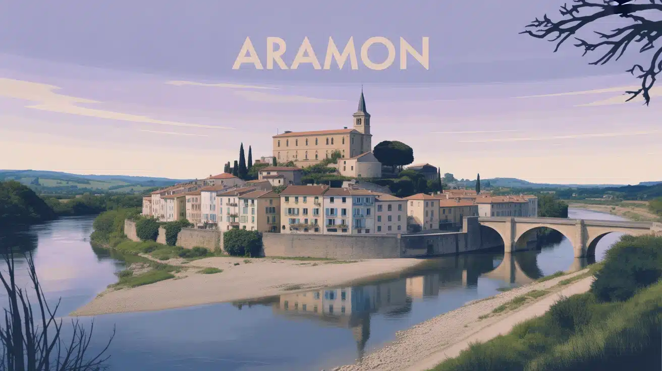 Illustration vectorielle du village d Aramon avec le Rhône et bâtiments historiques