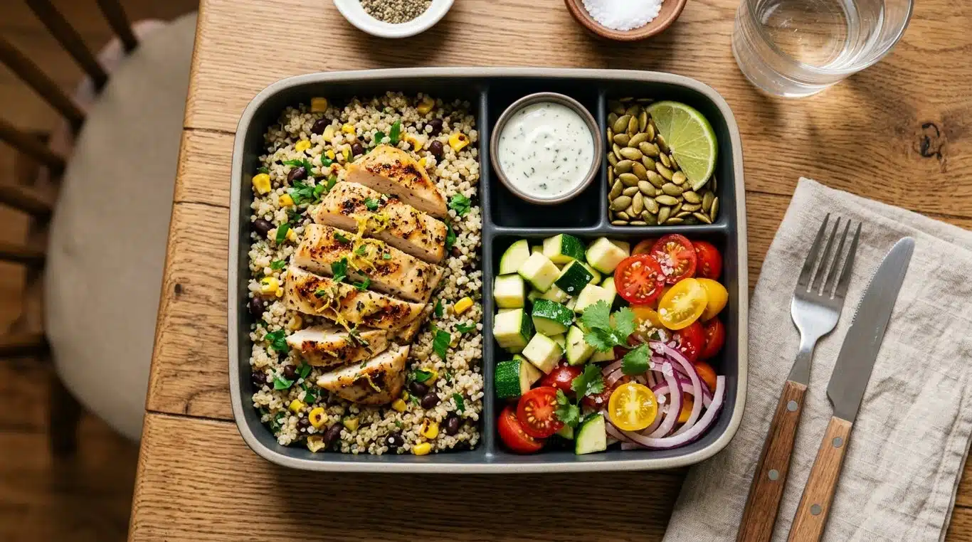 Bowl complet quinoa, poulet citronné et légumes croquants dans une boite repas