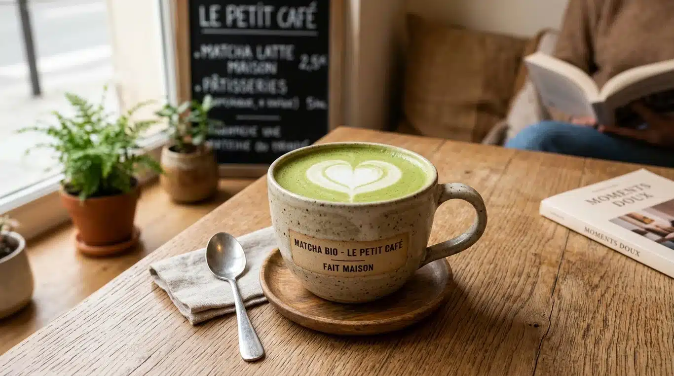 Un matcha latte onctueux dans une tasse en céramique avec un latte art en forme de cœur.