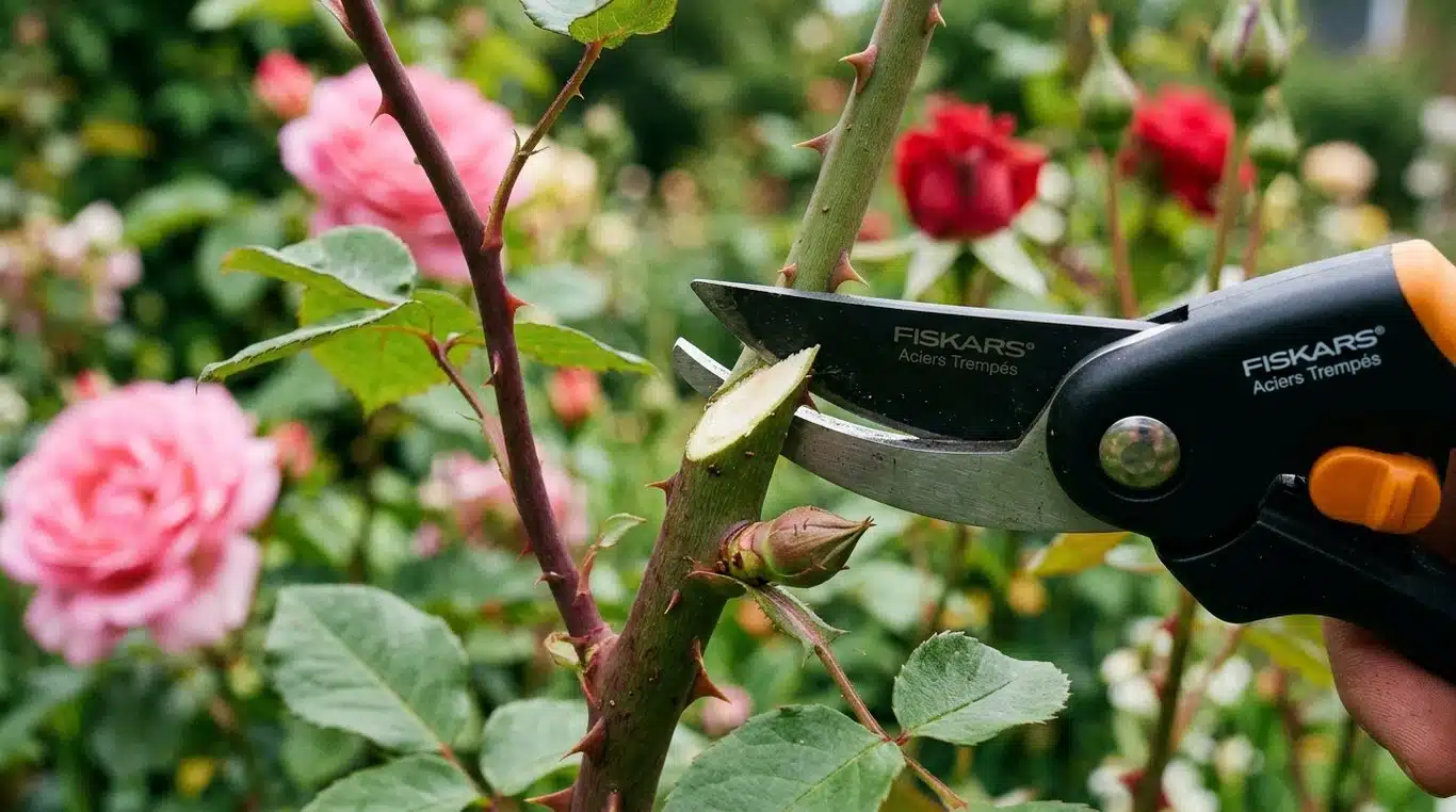 Technique de taille du rosier : coupe en biais au-dessus d'un œil extérieur