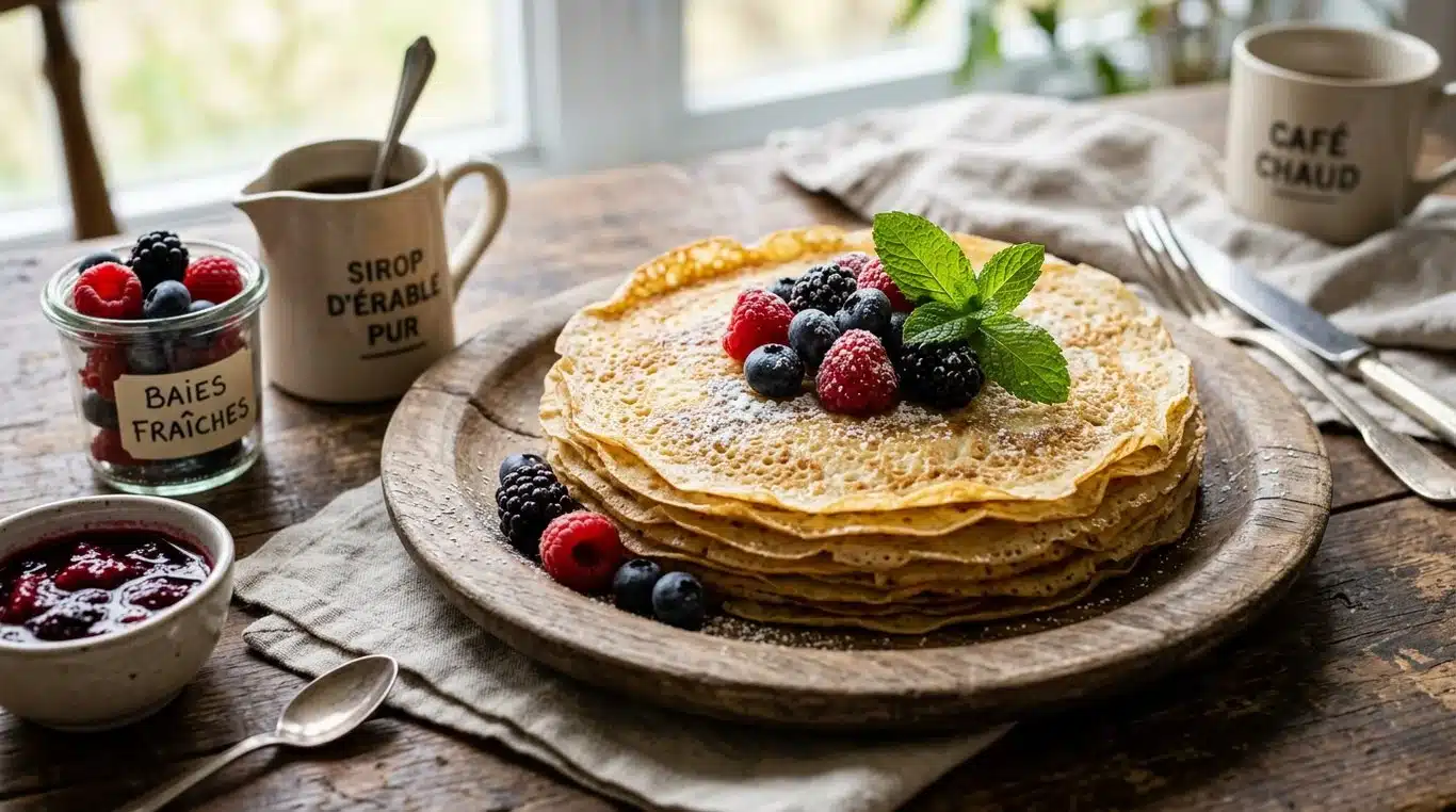 Pile de crêpes dorées et fines sur une assiette en bois, garnies de fruits frais.