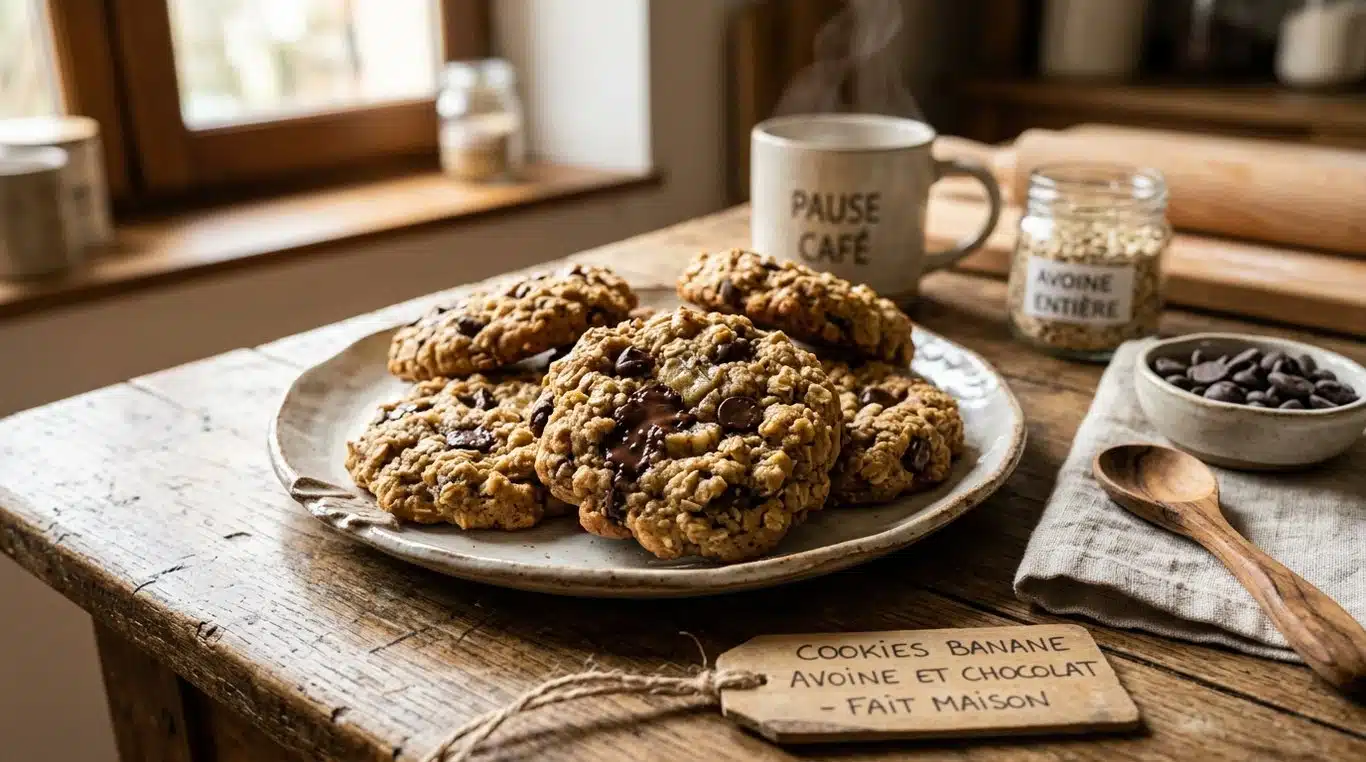 Cookies banane avoine faits maison sur une assiette en bois
