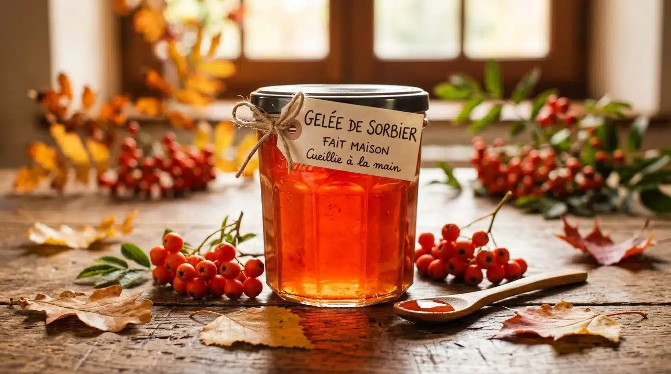 Pot de gelée de sorbier artisanale sur une table en bois avec des baies fraîches