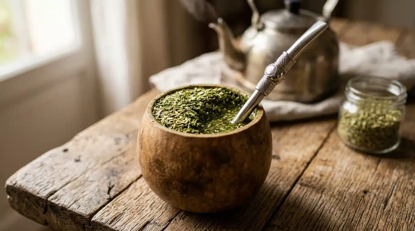 Une bombilla traditionnelle en acier inoxydable insérée dans une calebasse de maté.