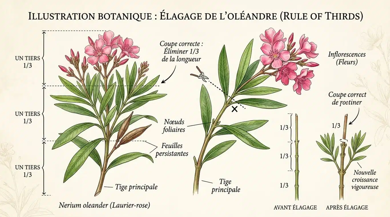 Schéma explicatif de la technique de taille du laurier rose selon la règle du tiers