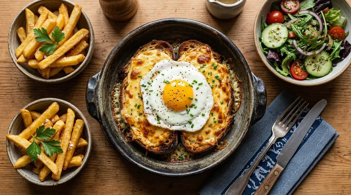 Un Welsh traditionnel servi dans une assiette en céramique avec des frites et une salade.