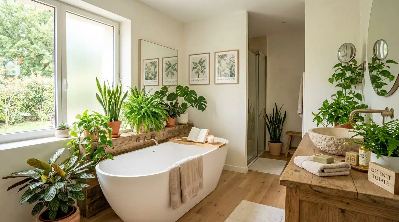 Salle de bain décorée avec des plantes d'intérieur luxuriantes