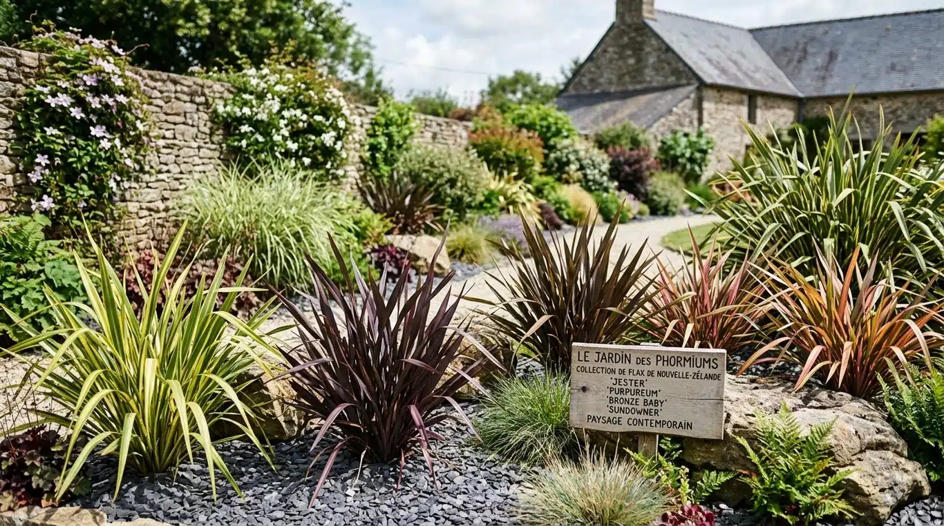 Phormiums aux feuillages colorés dans un aménagement paysager contemporain