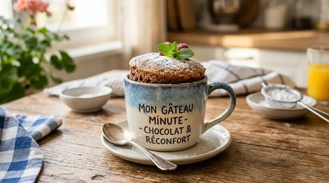 Un mug cake nature appétissant et moelleux dans une tasse en céramique.