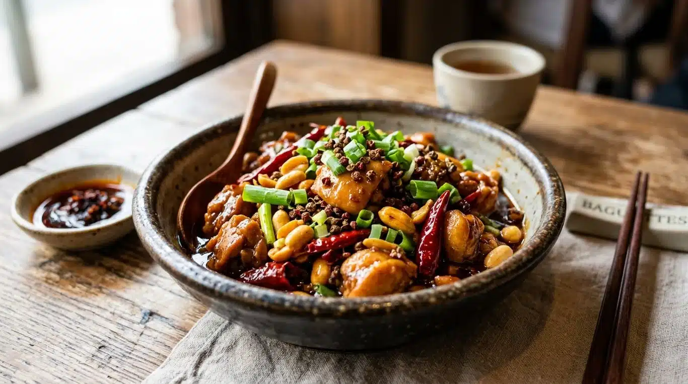 Plat de Poulet Kung Pao traditionnel avec poivre de Sichuan, piments et cacahuètes.