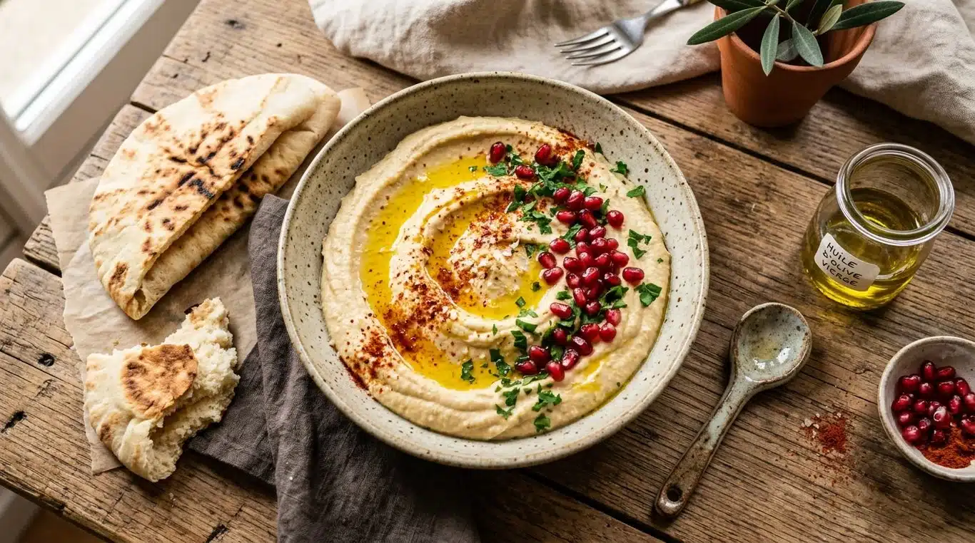 Bol de houmous traditionnel fait maison avec huile d'olive et grenade