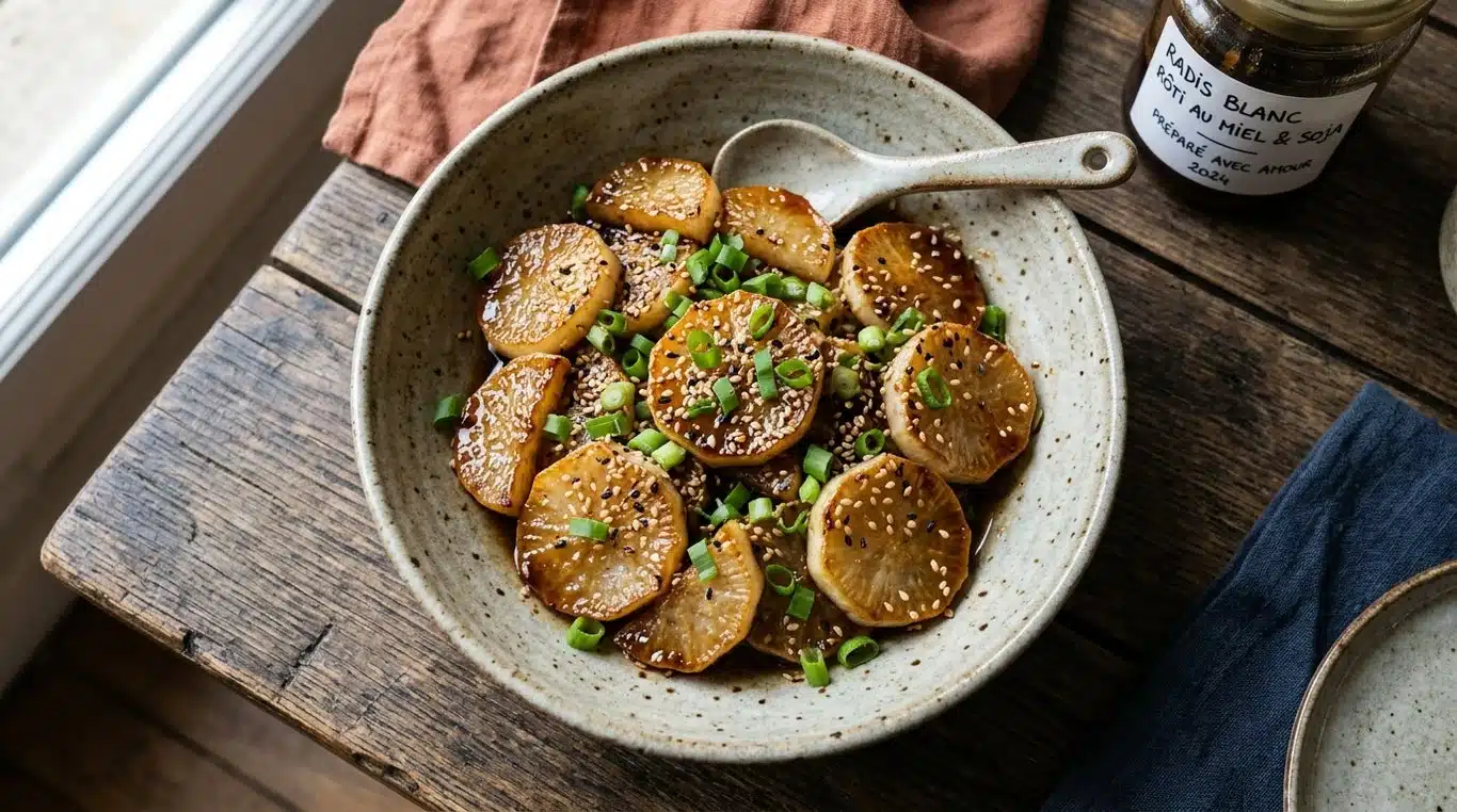 Radis blanc rôti au miel, soja et sésame