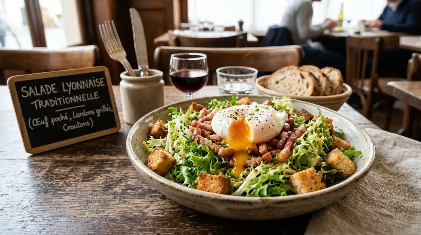 Salade lyonnaise traditionnelle avec lardons, croûtons et œuf poché