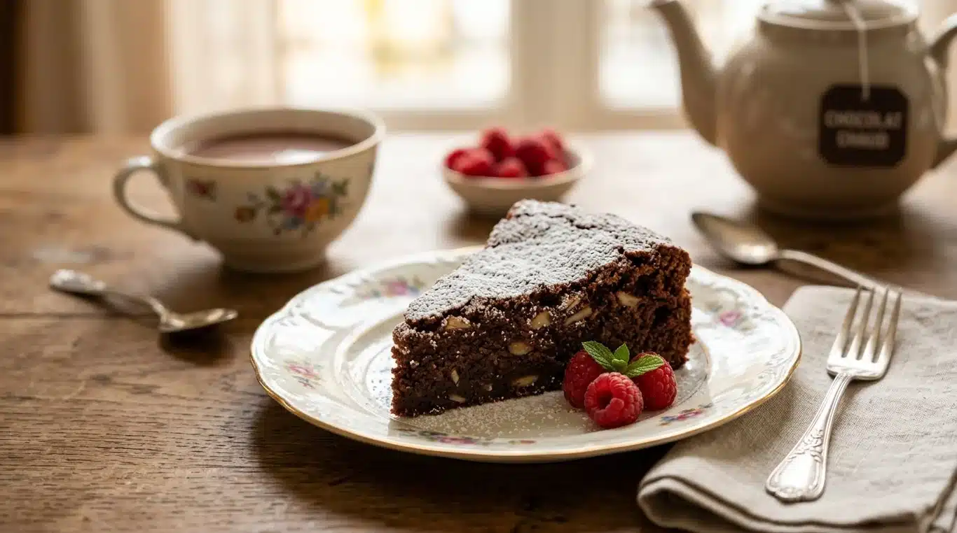 Gâteau Reine de Saba au chocolat, saupoudré de sucre glace sur une assiette élégante.