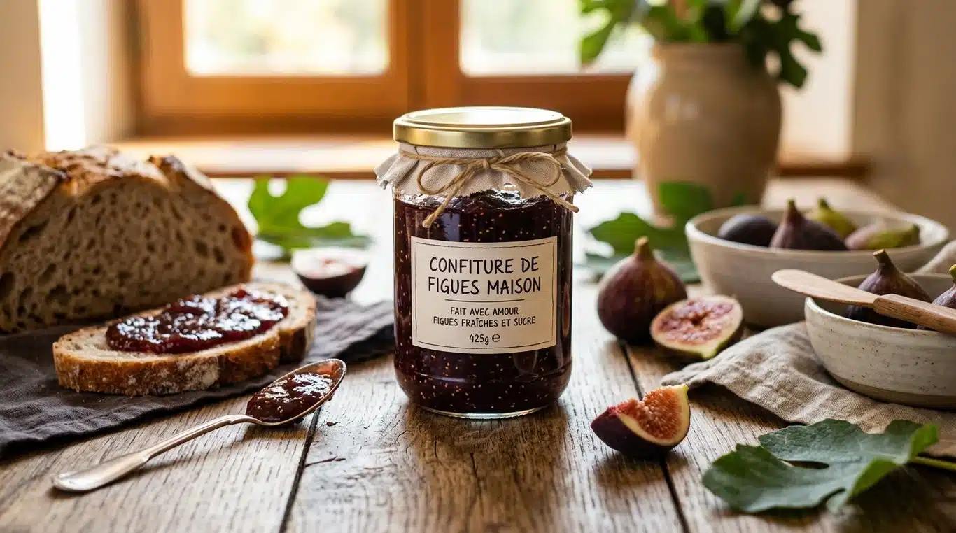 Pot de confiture de figues maison avec des figues fraîches sur une table en bois