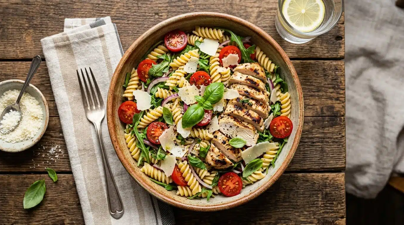 Salade de pâtes au poulet, tomates cerises et parmesan