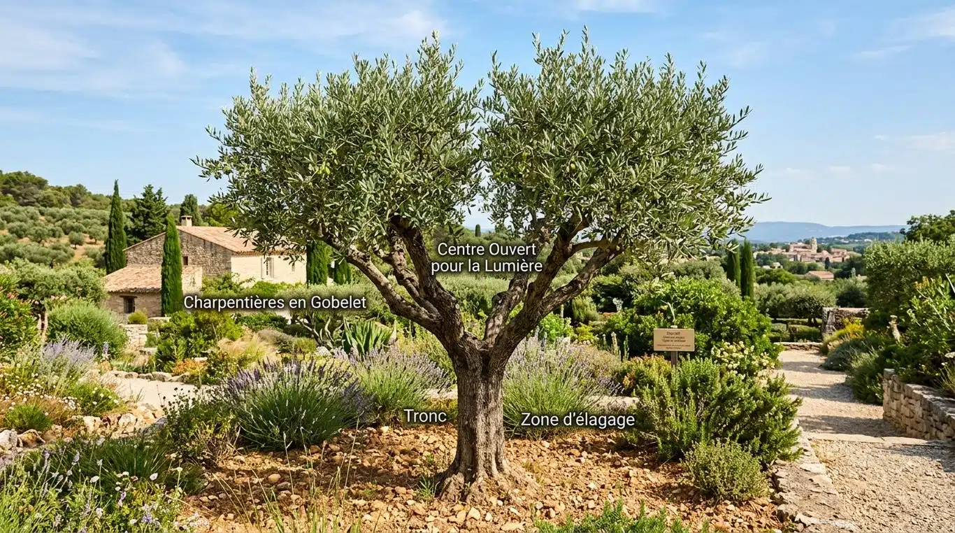 Olivier taillé en forme de gobelet avec un centre ouvert pour une bonne exposition au soleil