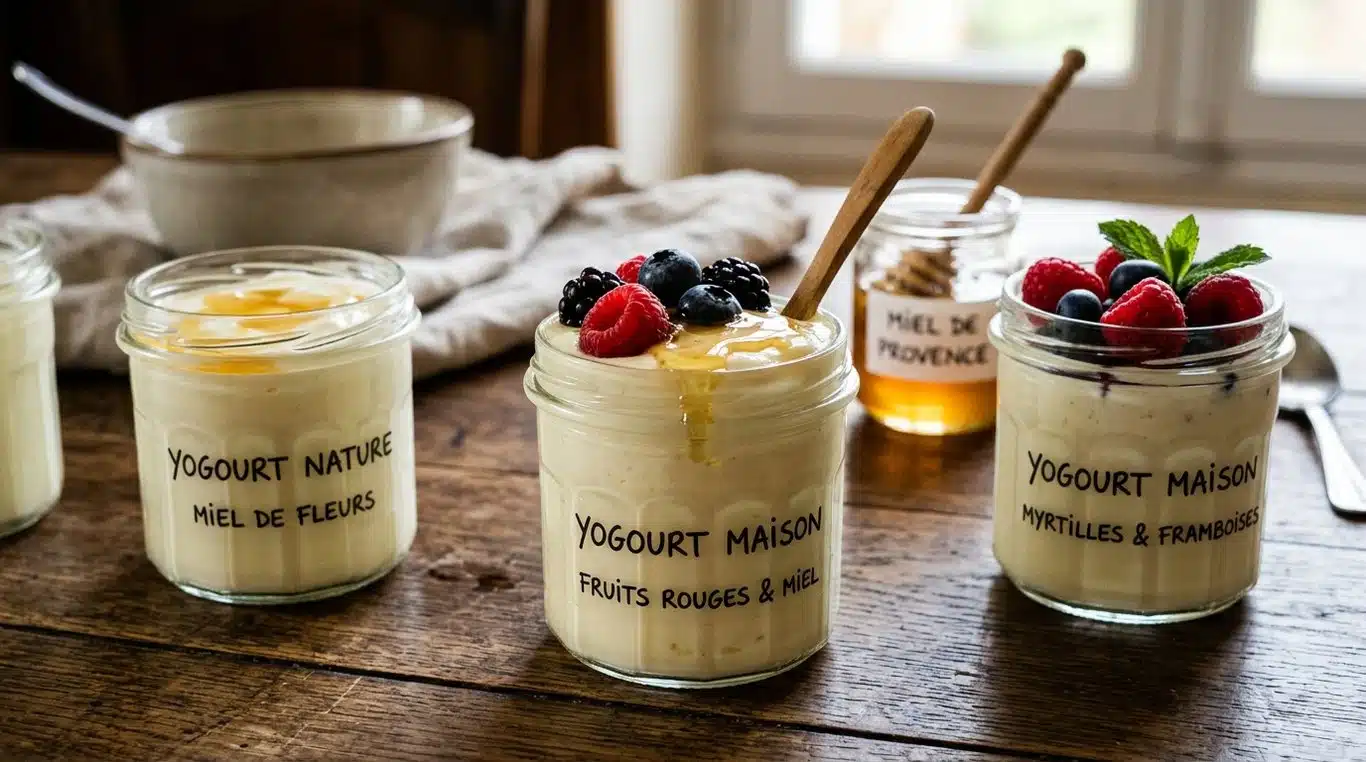 Yaourts maison onctueux dans des pots en verre avec des fruits frais