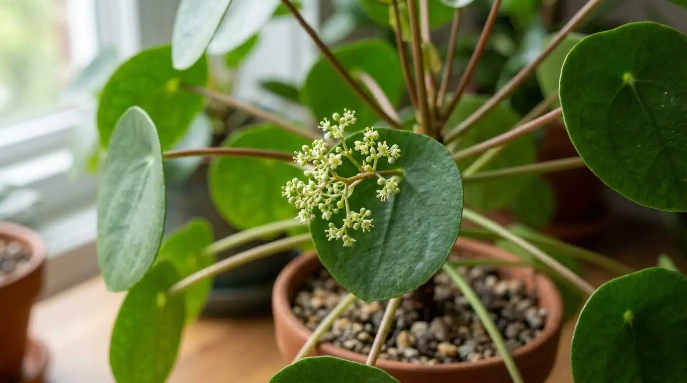 Gros plan sur une rare fleur de Pilea peperomioides en grappes délicates