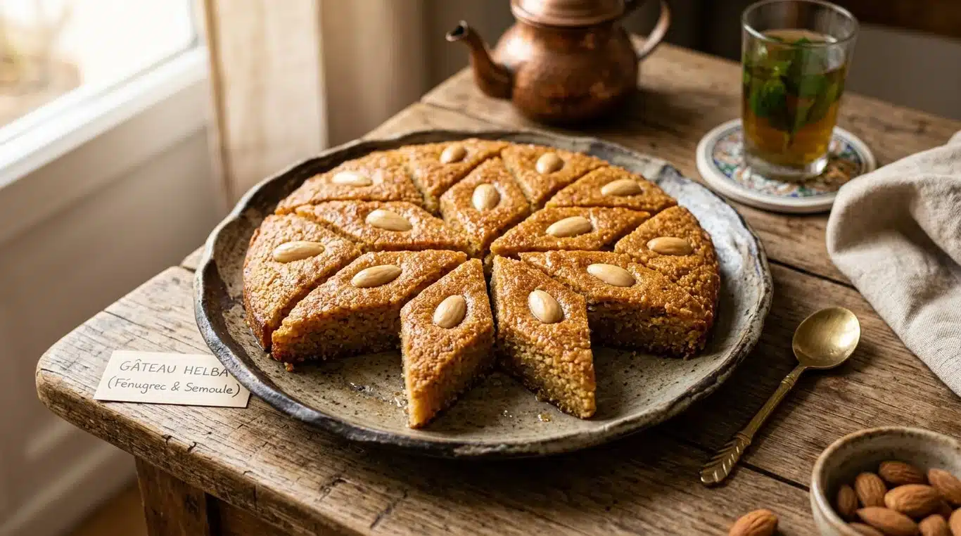 Gâteau traditionnel à la halba (fenugrec) décoré d'amandes