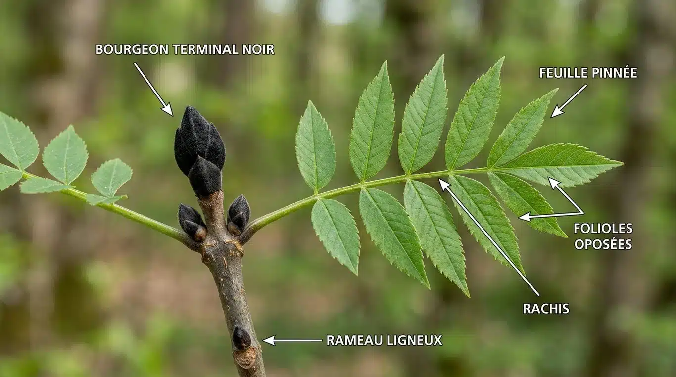 Identification visuelle du frêne commun : bourgeons noirs et feuilles composées.