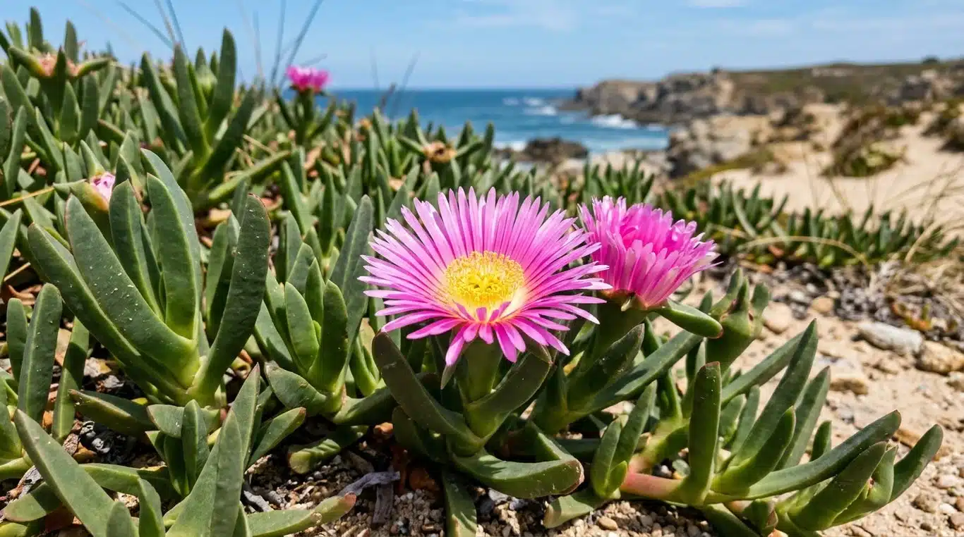 Identification visuelle de la griffe de sorcière (Carpobrotus edulis) avec ses fleurs caractéristiques et ses feuilles charnues.