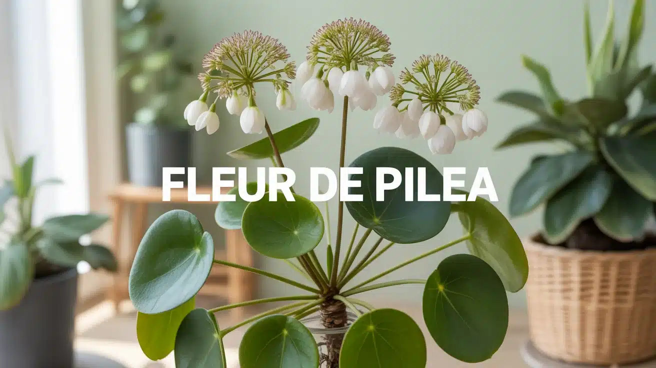 Illustration fleur de pilea avec feuilles rondes et fleurs blanc verdâtre