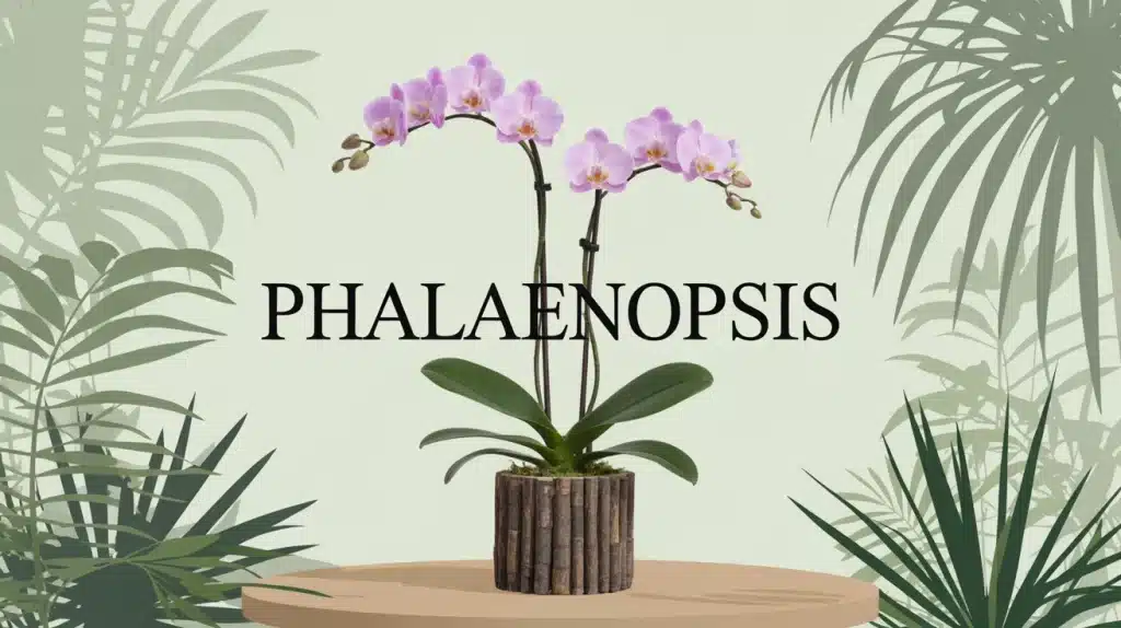Orchidée Phalaenopsis stylisée avec racines aériennes et pot en écorces