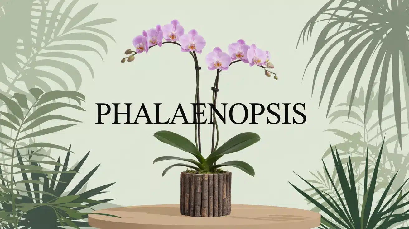 Orchidée Phalaenopsis stylisée avec racines aériennes et pot en écorces
