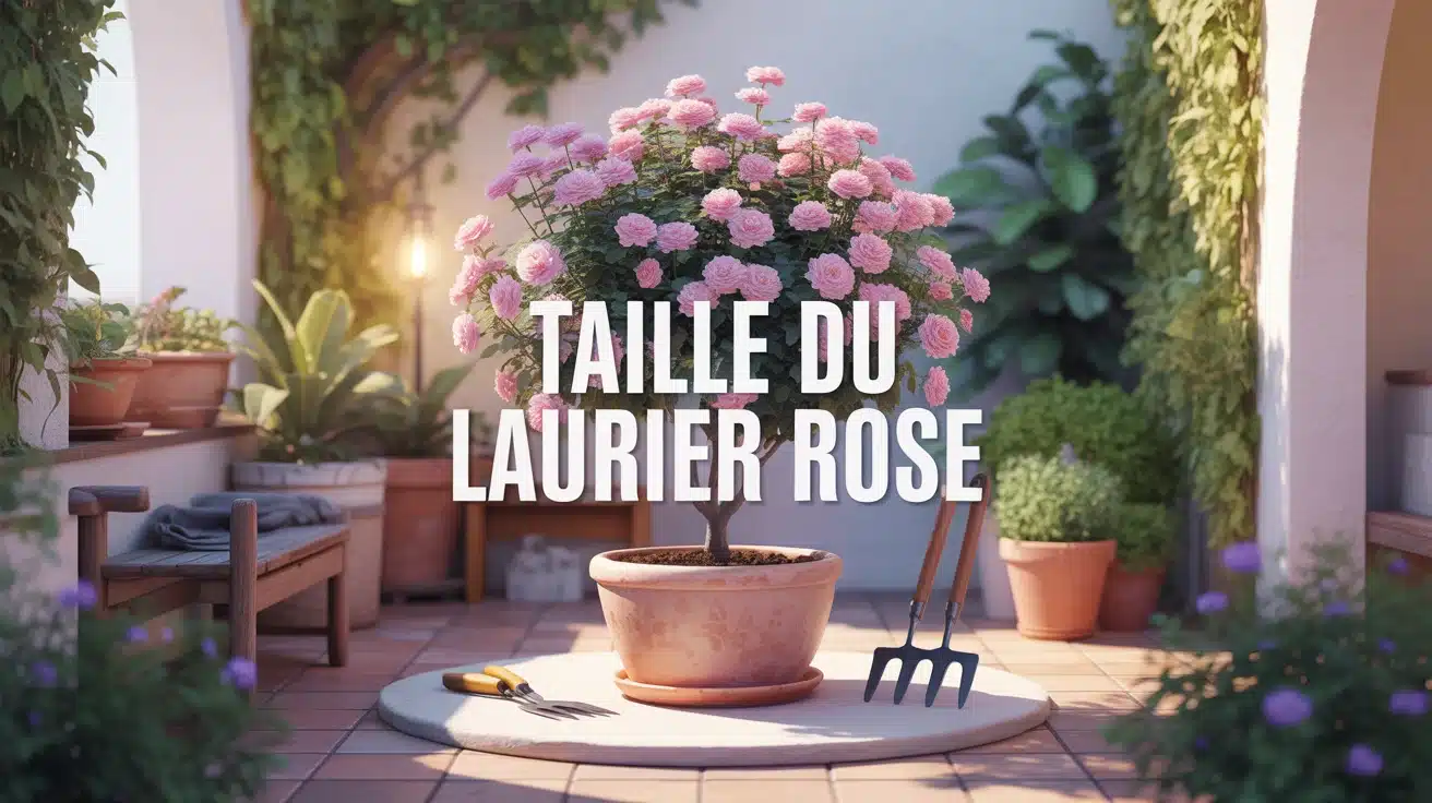 Laurier rose taillé dans un jardin méditerranéen avec outils de taille