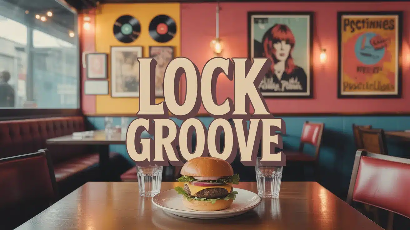Illustration vintage Lock Groove avec vinyles et burger