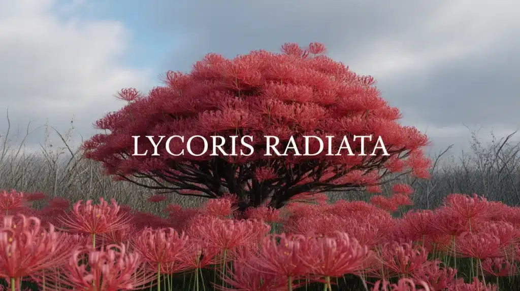 Massif de Lycoris radiata en floraison rouge éclatante sous ciel automnal