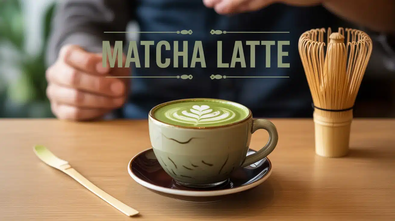 matcha latte avec mousse onctueuse et fouet en bambou
