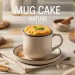 Mug cake nature moelleux dans une tasse blanche sur table en bois