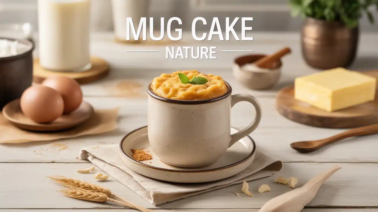 Mug cake nature moelleux dans une tasse blanche sur table en bois