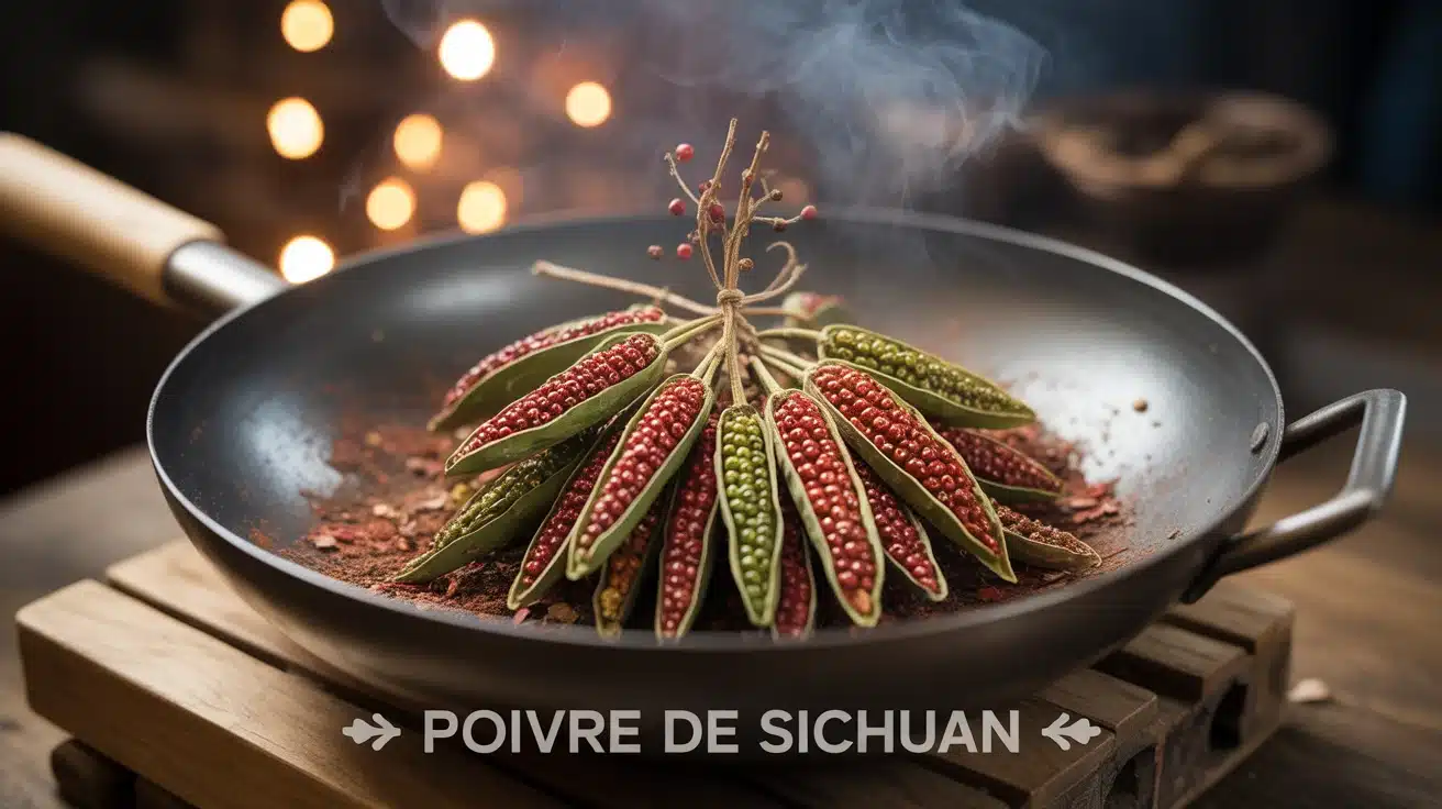 Baies de poivre de Sichuan rouges et vertes avec wok et épices