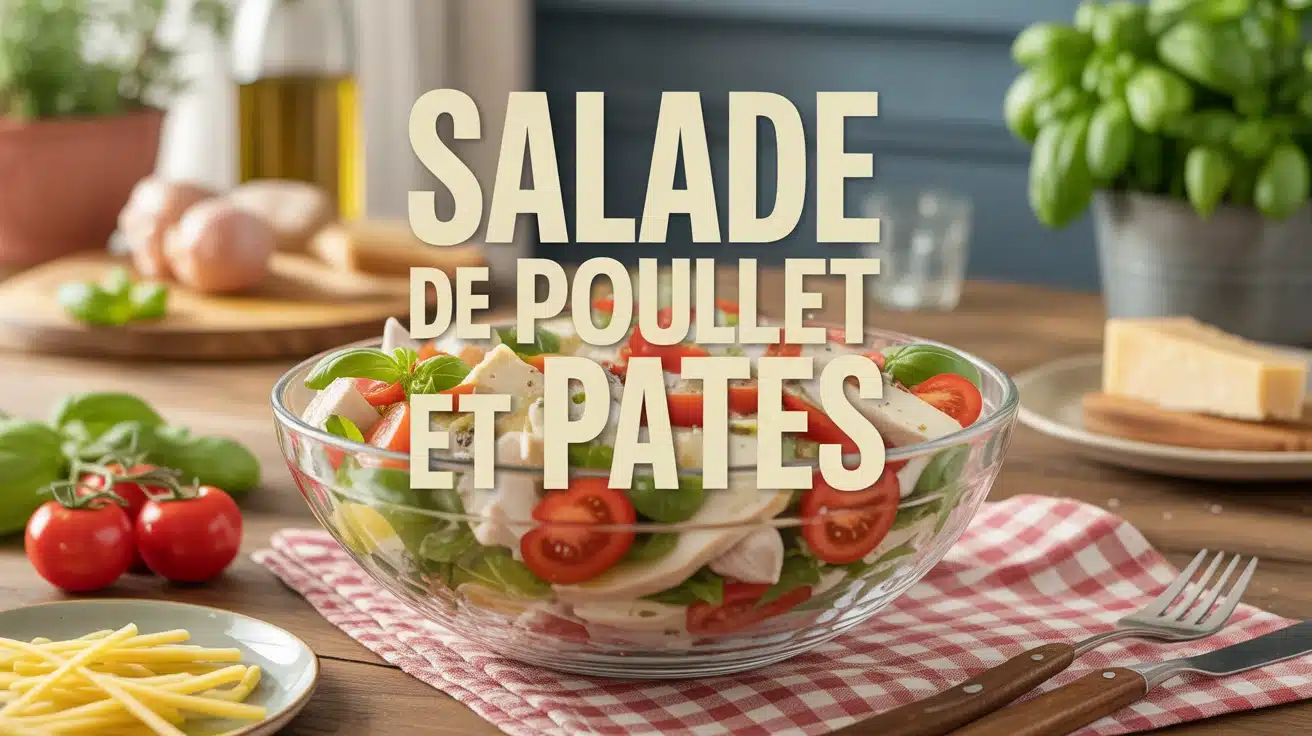 Salade de poulet et pâtes avec tomates cerises et basilic dans saladier