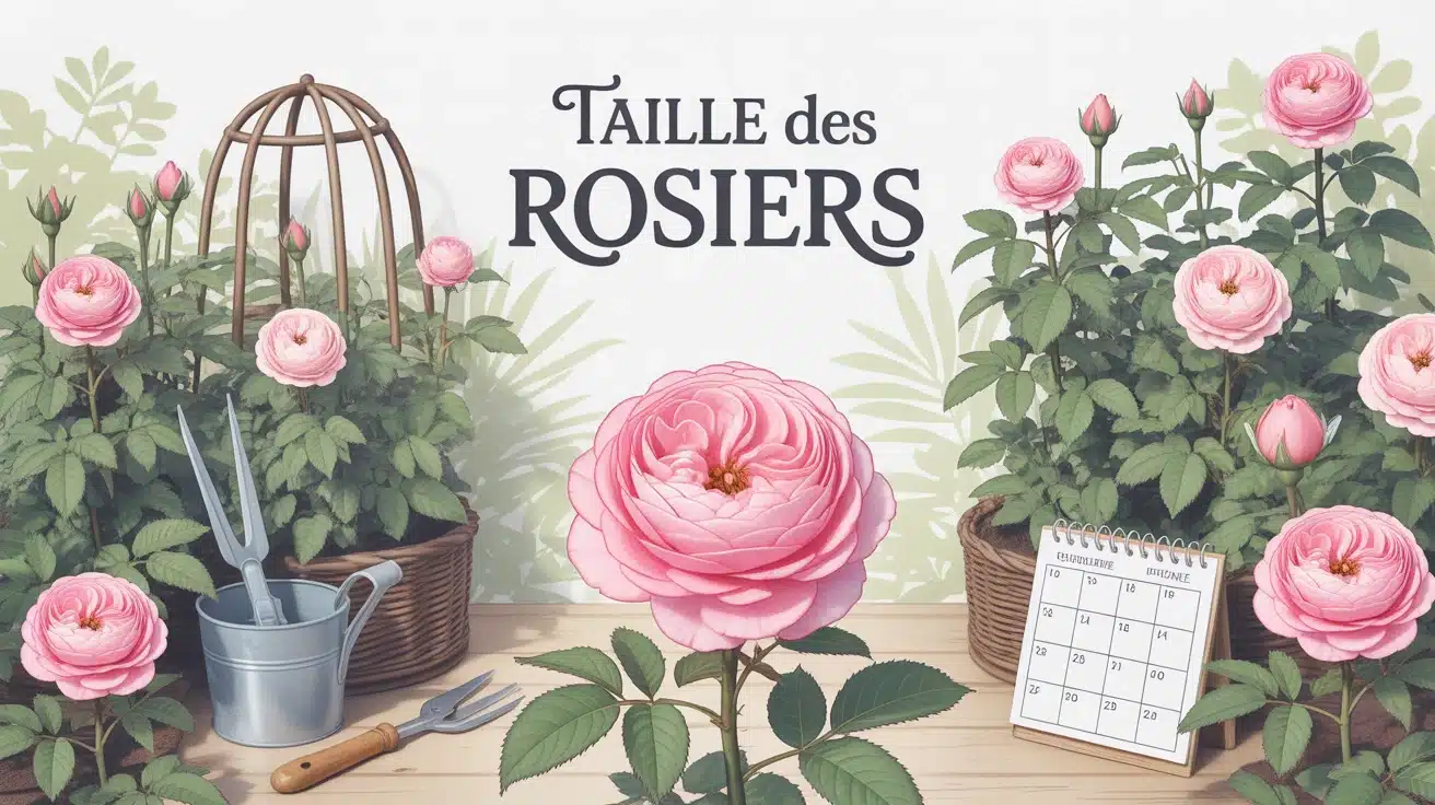 illustration taille des rosiers jardin avec sécateur et calendrier