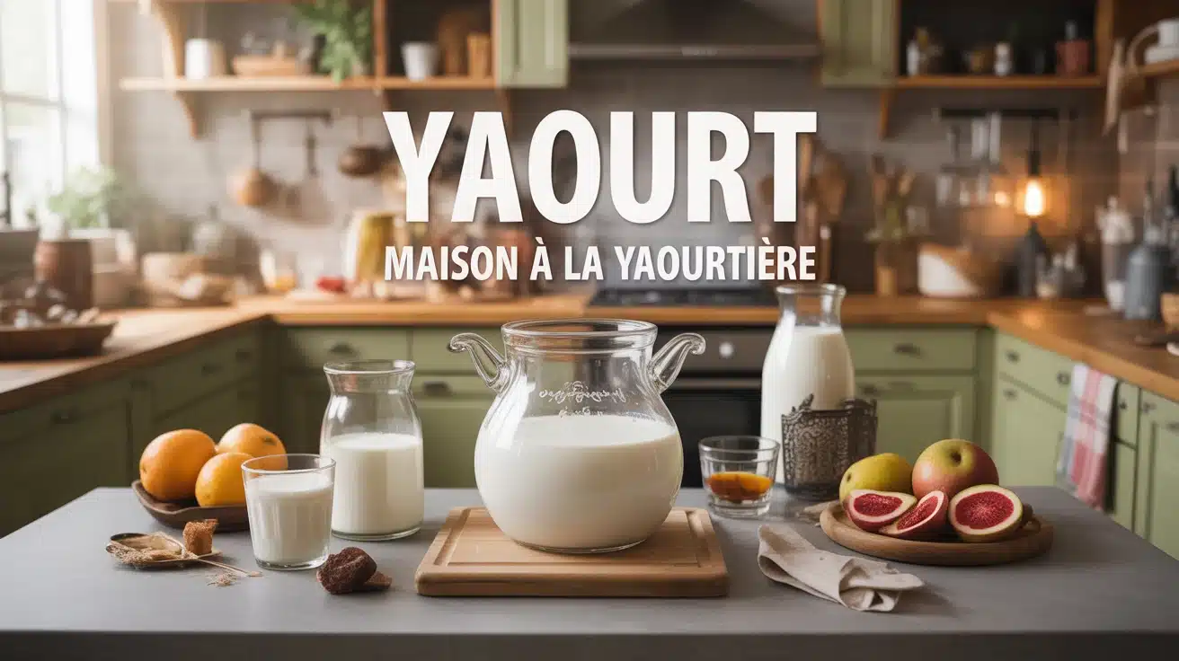 Illustration yaourt maison à la yaourtière en cuisine chaleureuse