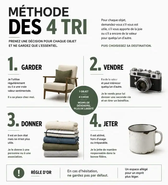 Infographie méthode de tri pour vider maison : Garder, Vendre, Donner, Jeter