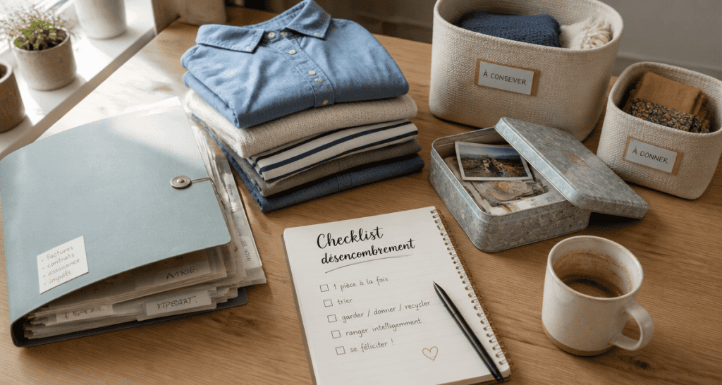 aide rangement maison objets triés sur table