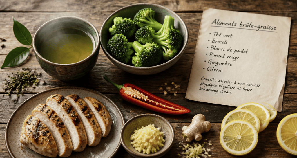 aliments brûle graisse naturels en vue flat-lay