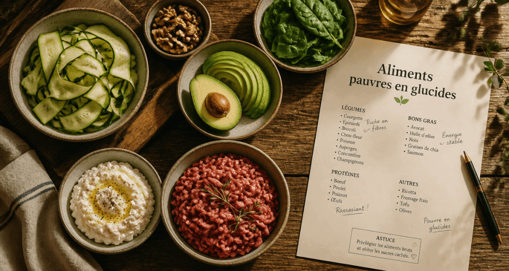 aliments pauvre en glucide sur table rustique