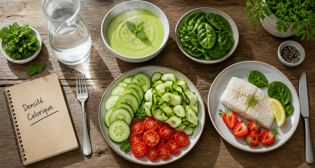 aliments faibles en calories tranches concombre courgette poisson